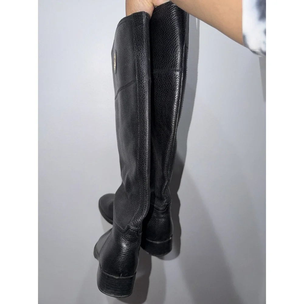 Tory Burch Black Riding Boots Pebbled Leather Sz 7 Gold‎ Detail